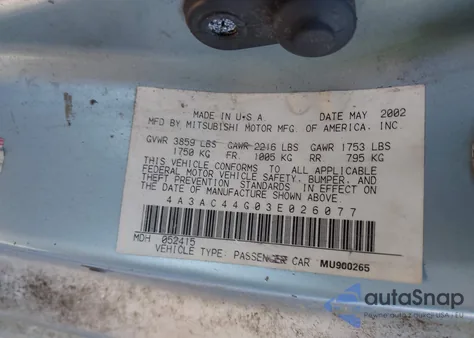 2003 Mitsubishi Eclipse z USA, uszkodzony, nr VIN LOT-1-44620062